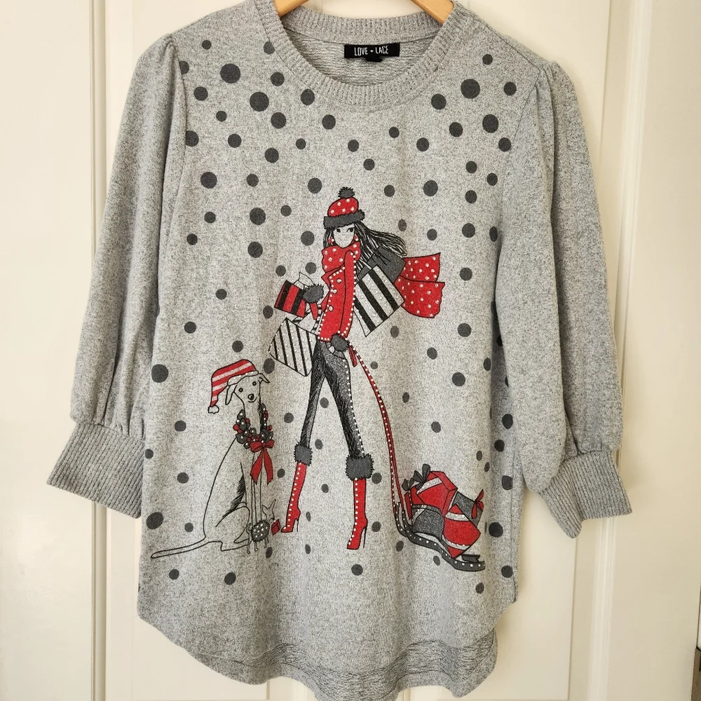 Holiday Sweater Girl & Dog Polka Dots Gray Studs Studded Whimsical Glam - Picture 1 of 16